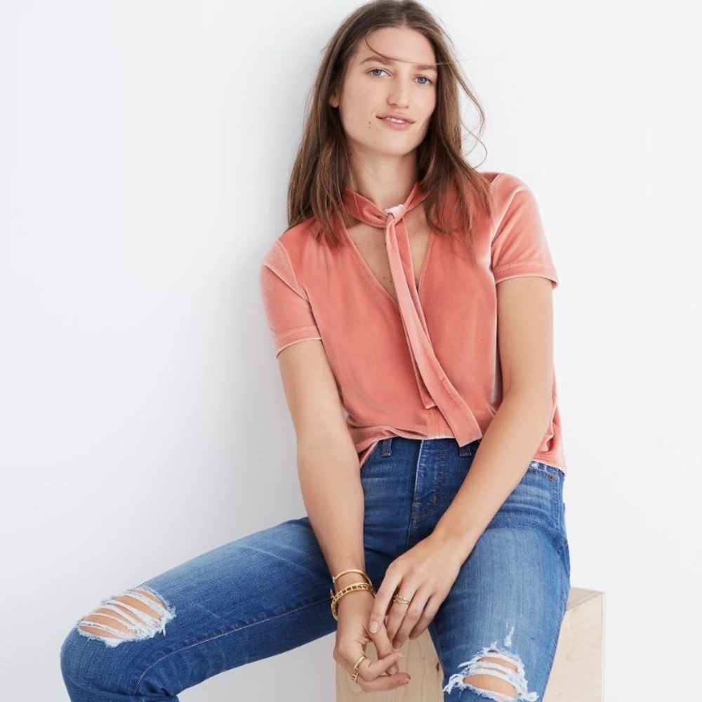 Madewell Pink Velvet Tie-Neck Short Sleeve Top Size Medium